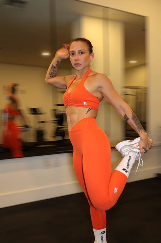 Amelia High Waist Wrap Over Leggins in Neon Orange